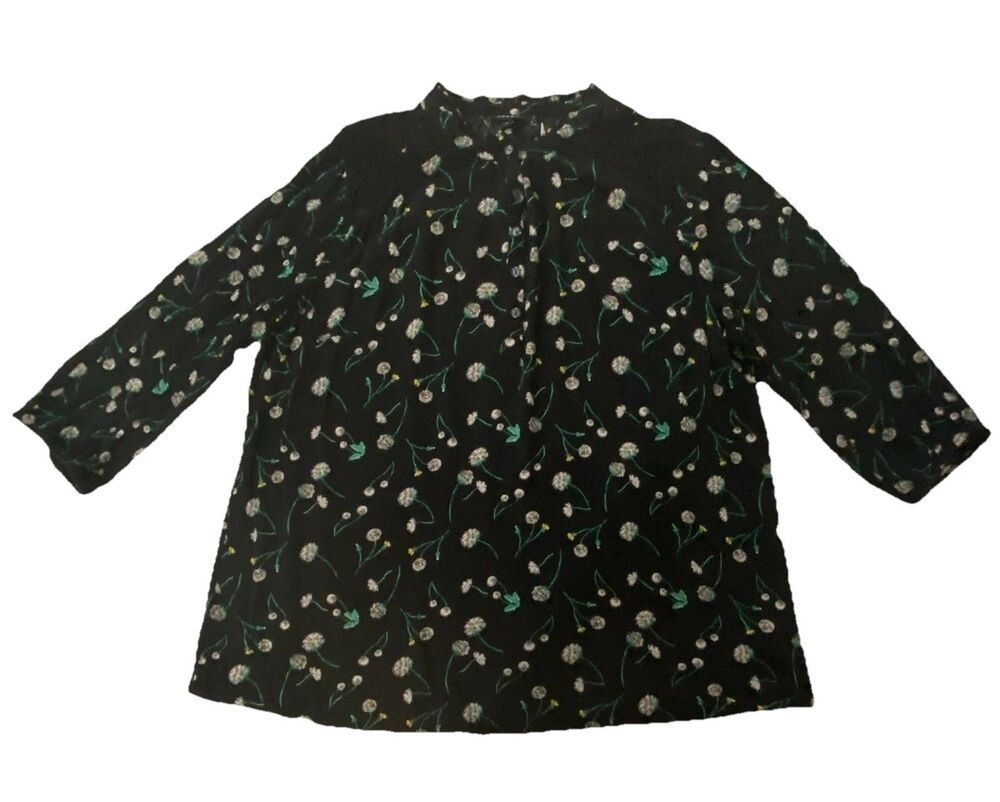 Torrid Floral Babydoll Blouse Size 2 2X Black Eyelet Lace Inset 3/4 Sleeve
